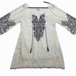 CC Chic Connection Dress Womens Large White Blue Embroidered Floral Tie Neck